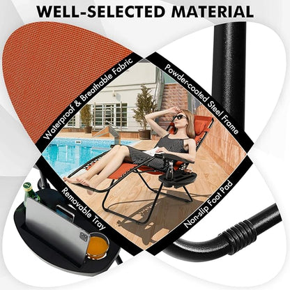 Giantex 2 PCS Zero Gravity Chair, Outdoor Chaise Lounge with Cup Holder, Patio Folding Chairs Recliner for Yard Pool Lawn Balcony, Orange