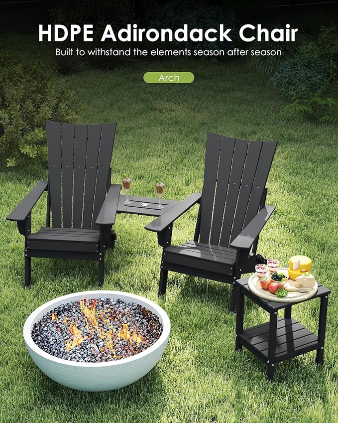 GREENVINES Folding-Adirondack-Chairs-Set-of-2 | HDPE Plastic | Arch Series | Fire Pit Chair | with Connecting Tray | Removable Table | All Weather | for Outdoor Patio Deck Poolside | Black