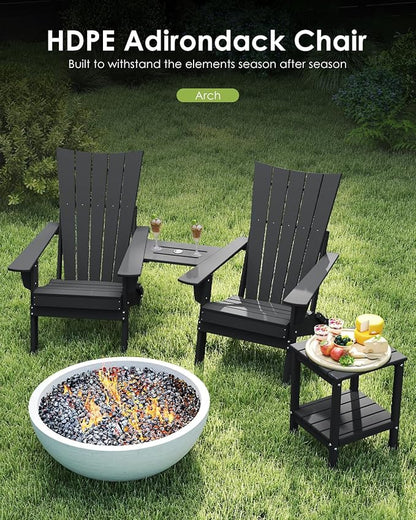 GREENVINES Folding-Adirondack-Chairs-Set-of-2 | HDPE Plastic | Arch Series | Fire Pit Chair | with Connecting Tray | Removable Table | All Weather | for Outdoor Patio Deck Poolside | Black