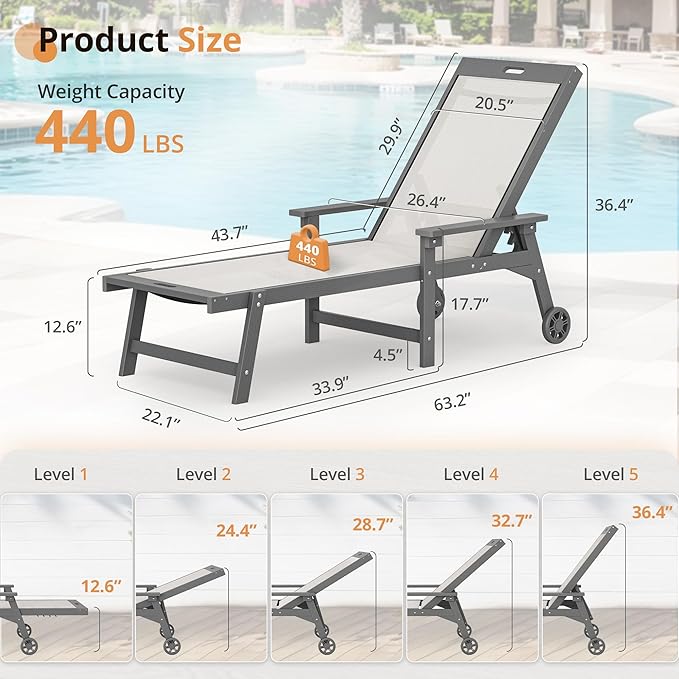 LUE BONA Chaise Lounge Chair Outdoor Set of 4, HDPS and HDPE Wicker Chaise Lounger with 5 Positions - Photo 3