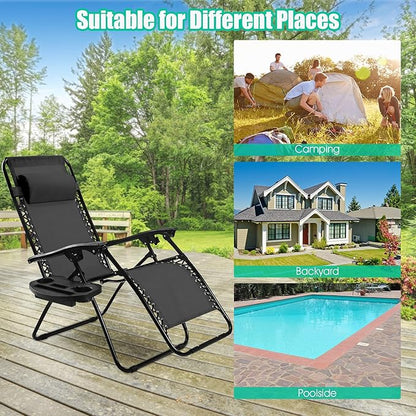 Folding Zero Gravity Reclining Textilene Lounge Chairs, Outdoor Adjustable Patio w/Pillows & Cup Holder Trays for Backyard, Beach, Poolside (BK)