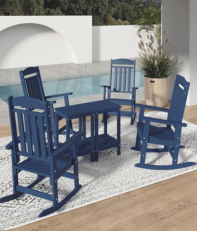 FOOWIN 3-Piece Outdoor Rocking Chairs Set, High Back Patio Rocker with Side Table, HDPE All Weather Resistant Oversized Rocking Chairs for Indoors, Porch, Patio, Backyard, Navy Blue