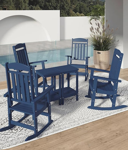 FOOWIN 3-Piece Outdoor Rocking Chairs Set, High Back Patio Rocker with Side Table, HDPE All Weather Resistant Oversized Rocking Chairs for Indoors, Porch, Patio, Backyard, Navy Blue