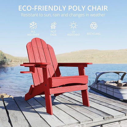 LUE BONA Folding Adirondack Chair Set of 6, Bright Red HDPS Fire Pit Patio Chairs Weather Resistant, Modern Plastic Outdoor Chairs with Cup Holder