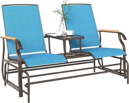 Outsunny 2 Person Outdoor Glider Bench, Patio Swing Glider Chair Loveseat with Breathable Mesh, Table, Steel Frame for Garden, Backyard, Porch, Blue