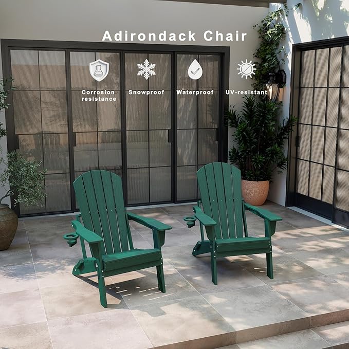 Folding Adirondack Chair, HDPE Outdoor Patio Chair with Cup Holder, All Weather Plastic Lawn Chair with Wide Armrests, Portable Patio Chair for Backyard Deck Garden Fire Pit Poolside, Green