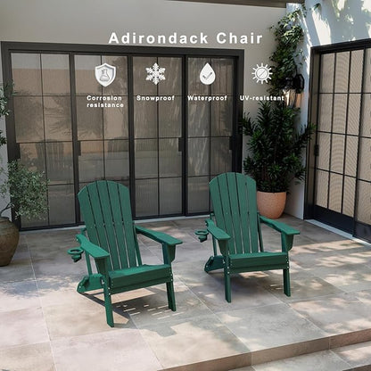 Folding Adirondack Chair, HDPE Outdoor Patio Chair with Cup Holder, All Weather Plastic Lawn Chair with Wide Armrests, Portable Patio Chair for Backyard Deck Garden Fire Pit Poolside, Green