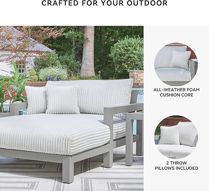 Signature Design by Ashley Moonlight View Contemporary Nuvella Weather Resistant Fabric Outdoor Chaise Lounge with Zippered Removable Cushions and Throw Pillows, Light Gray & Beige