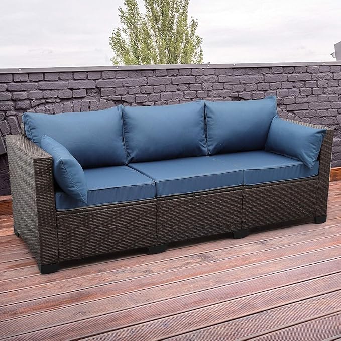 3-Piece Outdoor Rattan Couch Furniture Patio Wicker Sofa with Steel Frame with Furniture Cover and Deep Seat High Back, Blue Anti-Slip Cushion