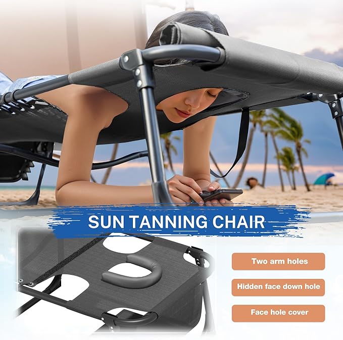 Devoko Beach Lounge Chair, Outdoor Sun Tanning Chair with Face Hole, Heavy Duty Folding Portable Lay Chaise Lounge Chairs for Outside Beach Pool Camping Patio, Gray