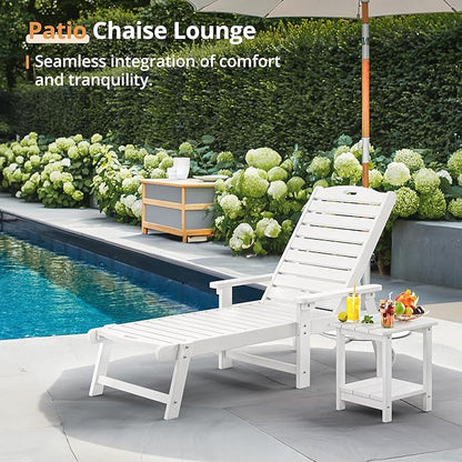 LUE BONA HDPS Chaise Lounge Chairs Set with Table, 3-Piece, Outdoor Pool Lounge Chair with Adjustable Backrest, Resin Patio Lounge Chairs with Wheels for Outside, Poolside, White