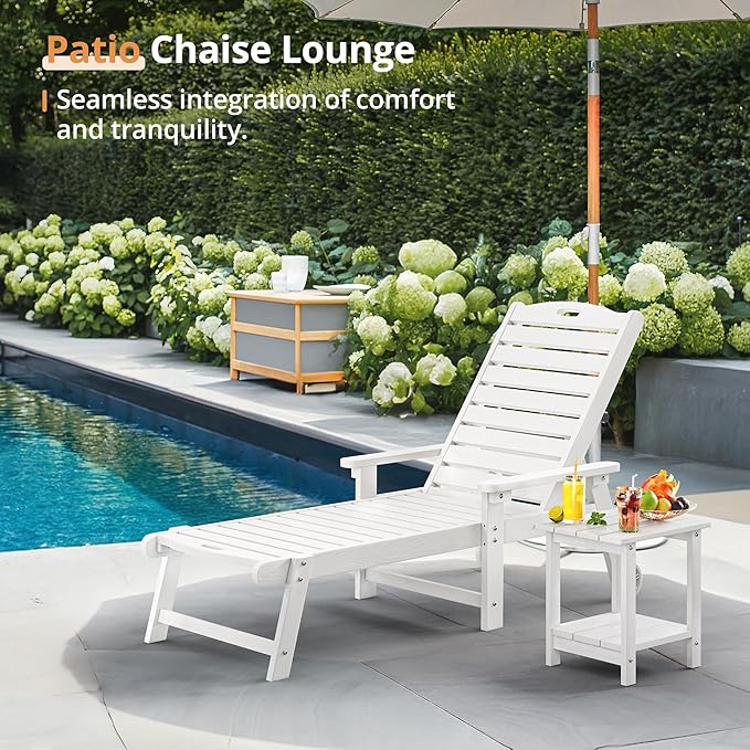 LUE BONA HDPS Chaise Lounge Chair Set of 2, Outdoor Pool Lounge Chairs with Adjustable Backrest, Resin Patio Lounge Chairs with Wheels for Outside, Poolside, White