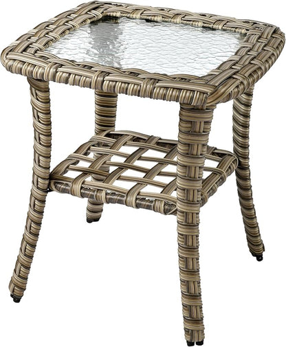 ovios Outdoor Side Table with Tempered Glass Top, Patio Wicker Rattan Bistro Coffee Tables with 2 Tiers Storage for Porch Deck Balcony Garden Poolside, Mixed Brown