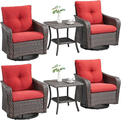 Rilyson Outdoor Patio Swivel Rocker Chairs - 6 PC Wicker Patio Bistro Sets with High Back,Comfy Cushions,Deep Seating and Side Table for Porch Deck Backyard Garden(Brown/Red)