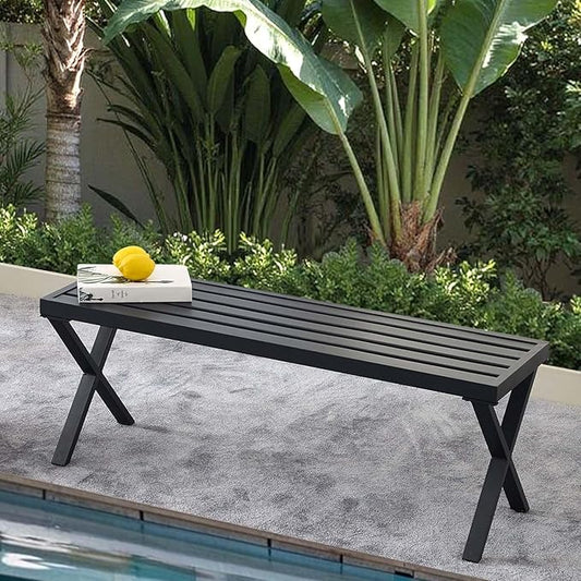 Metal Garden Bench for Outdoors, Black Outdoor Benches Slats for Patio, Patio Backless Bench with Cross Leg,Dining Bench for Porch, Lawn, Balcony, Backyard and Park