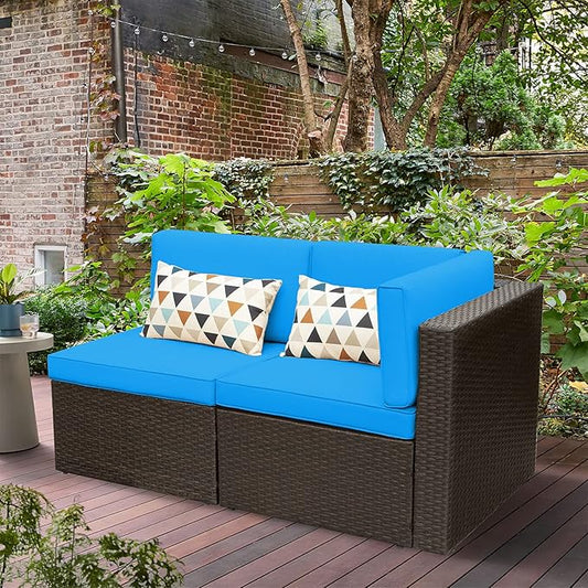Devoko 2 Pieces Patio Furniture Sofa Sets Outdoor All Weather Sectional Corner Sofa and Armless Sofa (Blue)