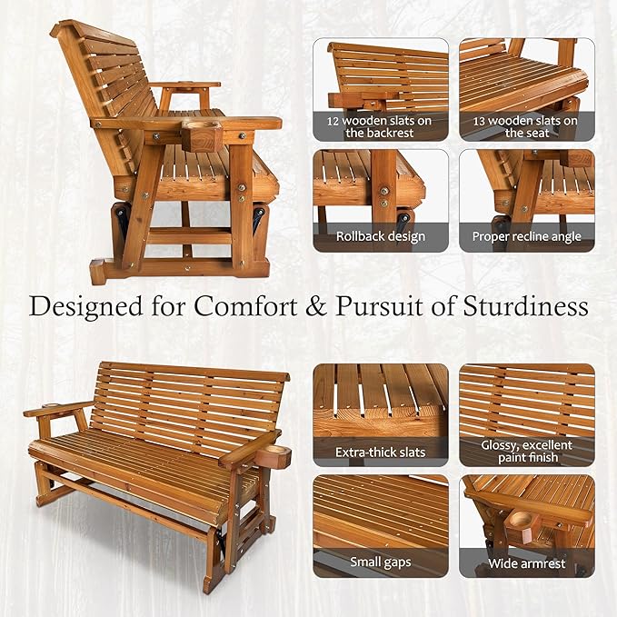 Fortune Candy Patio Glider with Cup Holders, High Roll Back and Deep Contoured Seat, 3-Seater, Heavy Duty 800 Lb - Photo 5