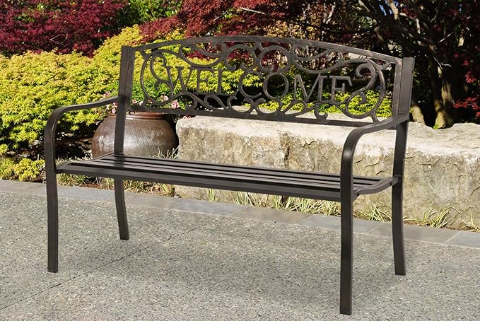 Welcome Metal Park Patio Bench, Outdoor Bench in Bronze for Porch, Lawn, Garden, Deck by Sun-Ray