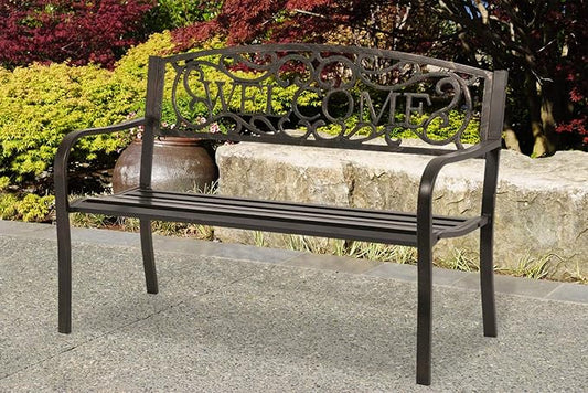 Welcome Metal Park Patio Bench, Outdoor Bench in Bronze for Porch, Lawn, Garden, Deck by Sun-Ray