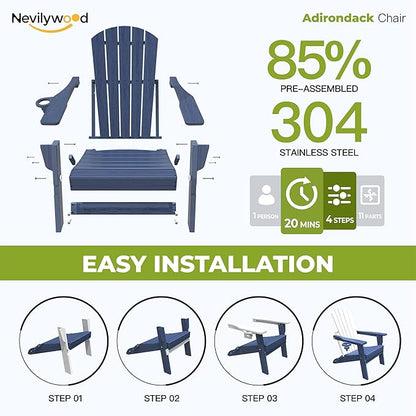 nevilywood Folding Adirondack Chair - Extended Ergonomic Backrest, Cup Holder - Easy Assembly - Durable HDPE Plastic, Weather Resistant & Maintenance-Free - Lawn, Patio, Deck Supports 380lbs NavyBlue