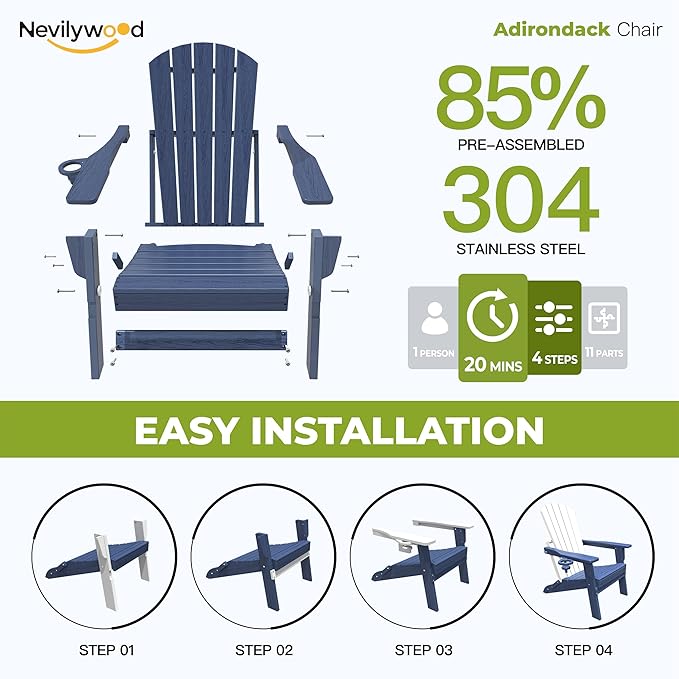 nevilywood HDPE Folding Adirondack Chair Set of 2,Waterproof All-Weather Outdoor Design with Cup Holder,Suitable for Fire Pit, Patio & Beach, Navyblue