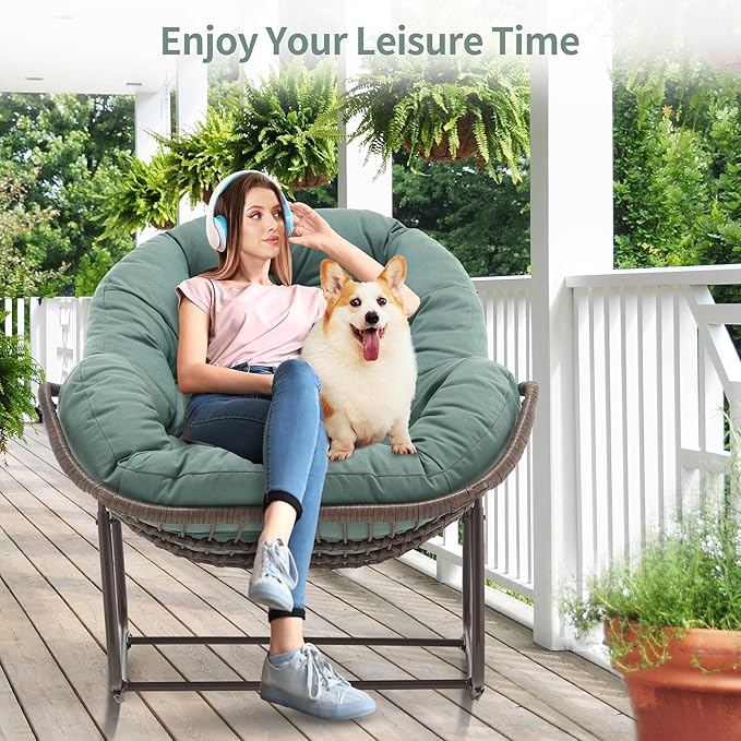 HOMEFUN Outdoor Patio Rocking Chairs, Oversized Papasan Rock Chair Indoor with Padded Cushion - Rocker Egg for Front Porch, Garden, Backyard Green