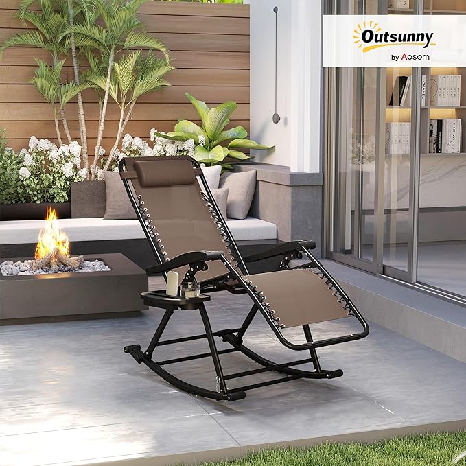 Outsunny Outdoor Rocking Chairs, Foldable Reclining Zero Gravity Lounge Rocker with Pillow, Cup & Phone Holder, Combo Design with Folding Legs, Brown