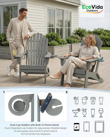 Oversized Adirondack Chair with Dual Cup Holders, Ergonomic High Back HDPE Fire Pit Chair, 380lbs Capacity All-Weather Outdoor Patio Lounge Chair for Garden, Deck, Yard - Grey