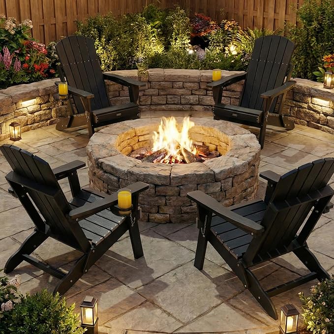 Adirondack Chairs Set of 4 for Outdoor Patio: Sturdy HDPE Plastic Fire Pit Chairs with Cup Holder & Wood Texture - Comfortable Easy to Assembly All-Weather Furniture - Easy Foldable and Stackable