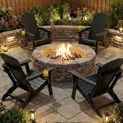 Adirondack Chairs Set of 4 for Outdoor Patio: Sturdy HDPE Plastic Fire Pit Chairs with Cup Holder & Wood Texture - Comfortable Easy to Assembly All-Weather Furniture - Easy Foldable and Stackable