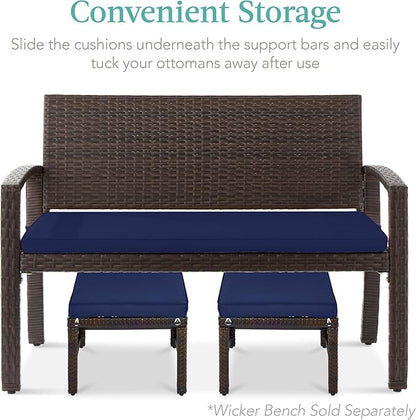 Best Choice Products Set of 2 Wicker Ottomans, Multipurpose Outdoor Furniture for Patio, Backyard, Additional Seating, Footrest, Side Table w/Removable Cushions, Steel Frame - Navy/Brown