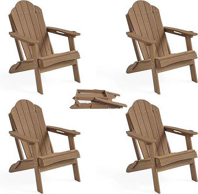 LUE BONA HDPE Folding Adirondack Chairs Set of 4 - Weather Resistant Rustic Wood-Grain Seating with Cup Holder for Cabin - Photo 1