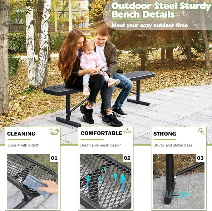 6FT/72INCH Heavy Duty Metal Park Bench for Outside, Weatherproof Commercial Outdoor Garden Benches, Expanded Metal Mesh Bench for Shopping Malls, Lawn, Park, Deck, Patio, Porch, Black