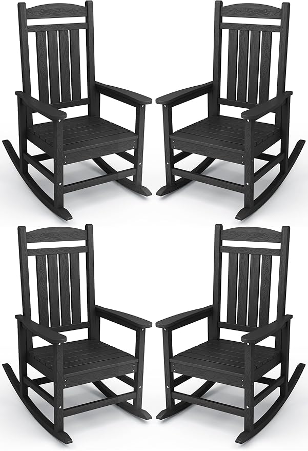 KINGYES Outdoor Rocking Chair Set of 4, HDPE Patio Rocking Chairs with 330lbs Support for Adults, Black