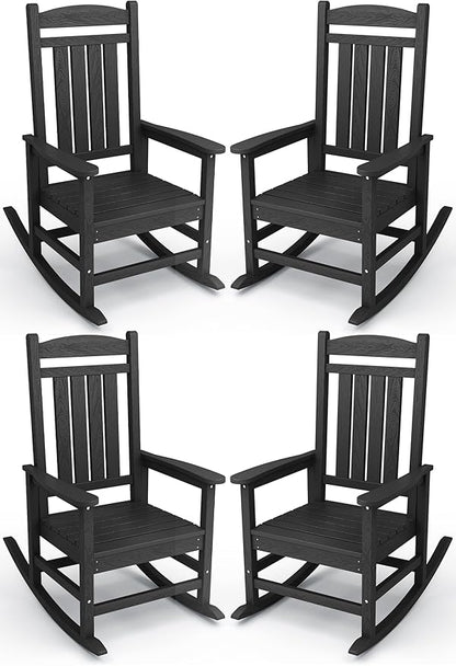 KINGYES Outdoor Rocking Chair Set of 4, HDPE Patio Rocking Chairs with 330lbs Support for Adults, Black