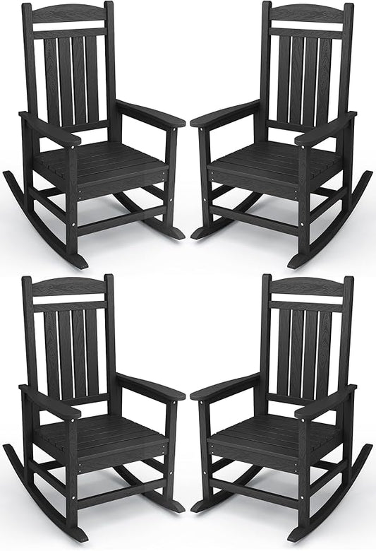 KINGYES Outdoor Rocking Chair Set of 4, HDPE Patio Rocking Chairs with 330lbs Support for Adults, Black