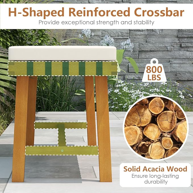Tangkula Acacia Wood Outdoor Bench with Padded Cushion, 48" Long Dining Bench with Washable Zippered Cover, Backless Wooden Entryway Bench, Garden Poolside Porch Balcony Deck Indoor Furniture (2)