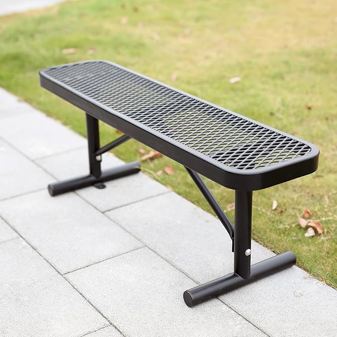 4FT Metal Park Bench for Outside, All-Weather Thermoplastic Coating Outdoor Bench with Anchor, Commercial Heavy Duty Benches for Shopping Malls, Stores, Parks, Patios, Decks, Black