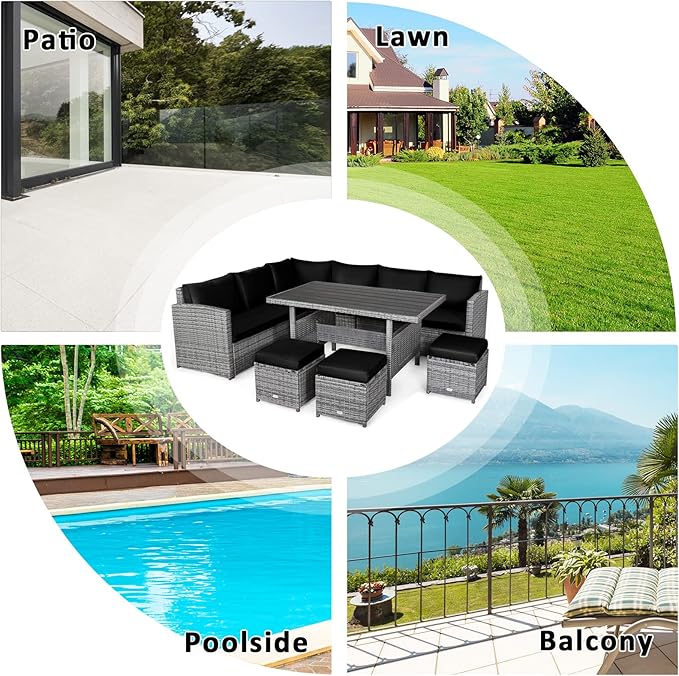 COSTWAY 7 PCS Wicker Outdoor Conversation Set, Patio Sectional Furniture Sofa Set with Table & Seat Cushions, Rattan Furniture Sets for Backyard Garden Poolside Porch, Black