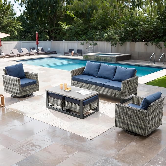 Wicker Outdoor Patio Furniture Set - 6 Piece Patio Conversation Set with 2 Swivel Rocker Chairs, 2 Rattan Ottoman - Photo 1