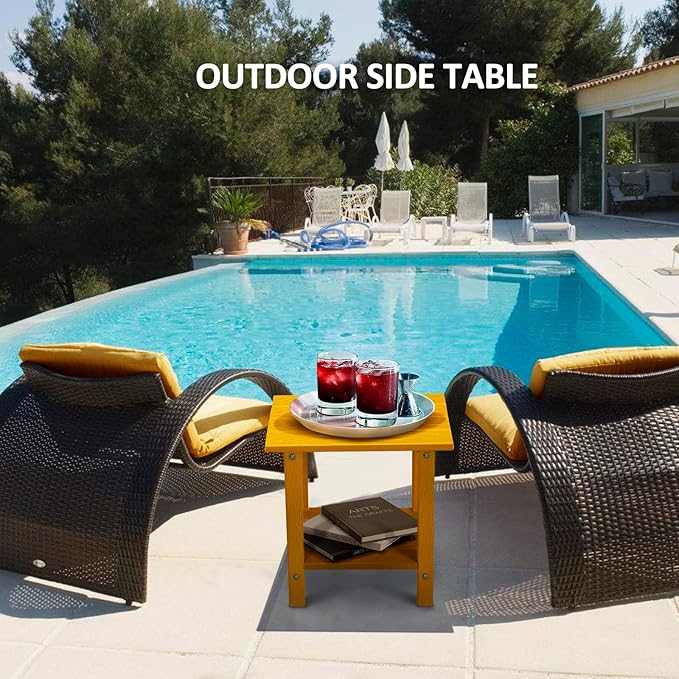2 Tier Outdoor Side Table with Wood-Like Grain, 16.6" HDPE Adirondack Table Patio Side Table, Weather Resistant End Table for Pool, Patio & Porch, Small Outdoor Table(Tangerine, Rectangle)