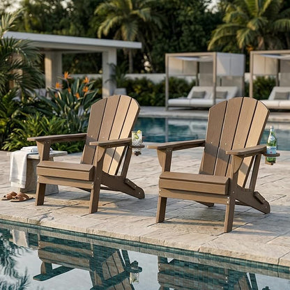 Kingdura Folding Adirondack Chairs Set of 2, Portable HDPE All Weather Resistant Outdoor Patio Chair, Wooden Textured with Cup Holder, 380LBS Capacity for Poolside, Backyard, Fire Pit (Brown)