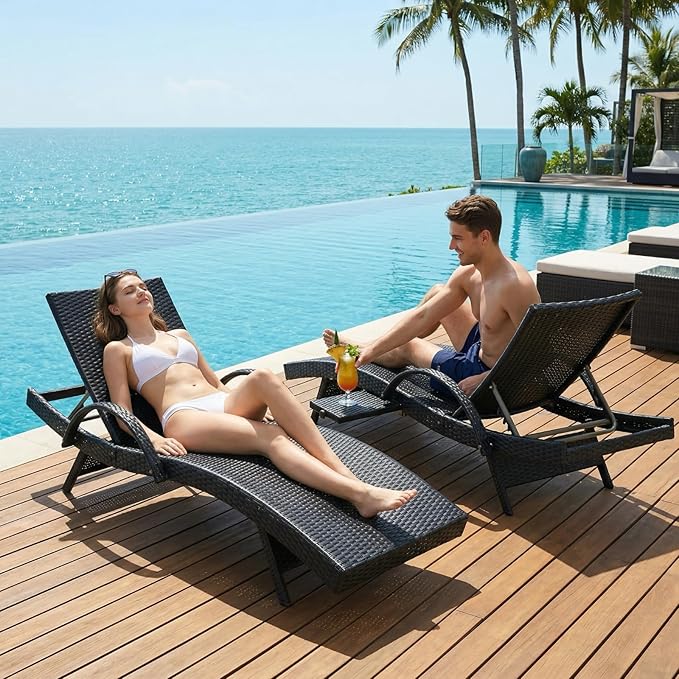 80.3" Chaise Lounge Outdoor Set of 6, Wicker Pool Lounge Chairs Outdoor with Pull-Out Side Table, Adjustable Reclining Patio Chairs, Tanning Chair, Sillas de Patio for Backyard/Balcony/Deck (Black)