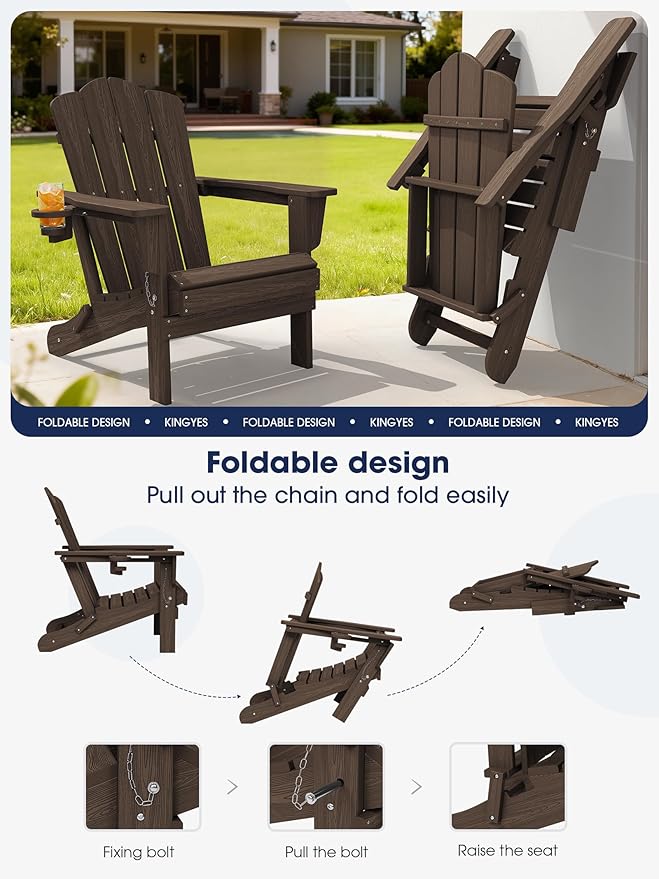 KINGYES Folding Adirondack Chair Set of 6, HDPE All-Weather Patio Chairs with Cup Holder - Photo 5