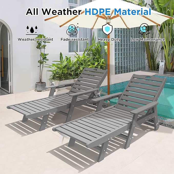 nalone Chaise Lounge Outdoor with 5-Position Adjustable Backrest, HDPE Lounge Chair for Outside Supports Up to 400 LBS, Pool Lounge Chairs for Patio Poolside Deck Beach Backyard (Grey)