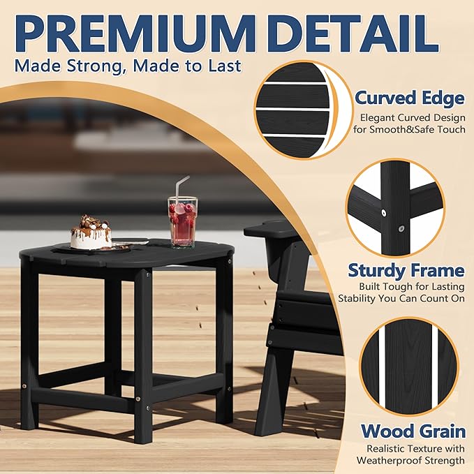 Outdoor Adirondack Side Table for Patio Porch Pool, 18" HDPE Weather Resistant End Table for Backyard and Indoor Use, Easy Maintenance & Indoor Outdoor Durable Construction(Black)