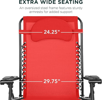 Best Choice Products Oversized Zero Gravity Chair, Folding Outdoor Patio Lounge Recliner w/Cup Holder Accessory Tray, Pillow - Crimson Red