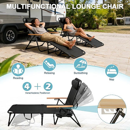 Outdoor Chaise Lounge Chair with 4-Position Adjustable Backrest, Patio Folding Sun Tanning Chair, Pillow & Cup Holder, Portable Recliner Sunbathing Lounger Chairs for Pool Beach Lawn Garden (Black)