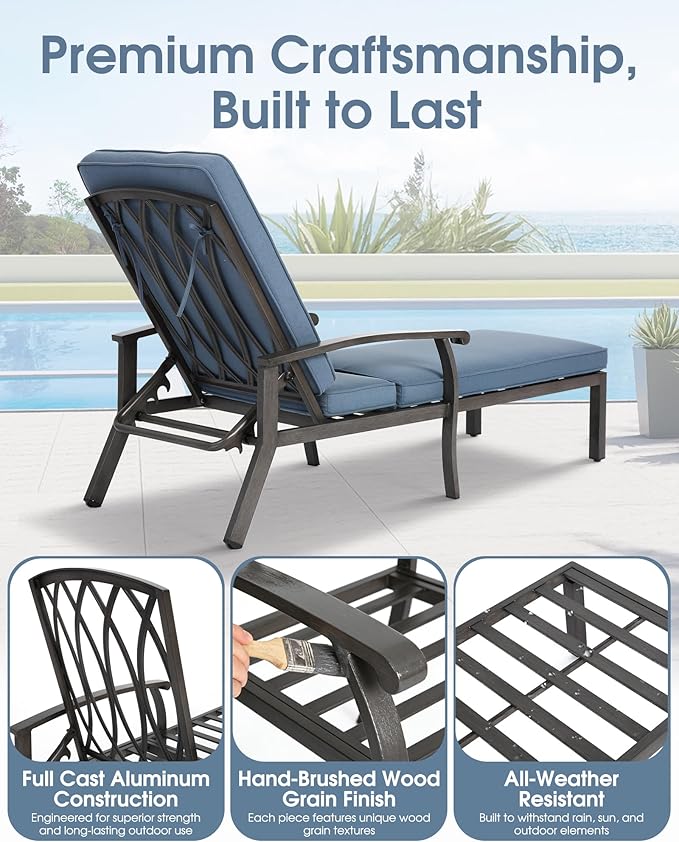 HOMEFUN Outdoor Chaise Lounge Chair 3-Piece Set, Hand-Brushed Wood Grain Cast Aluminum Recliners with Side Table - Photo 4
