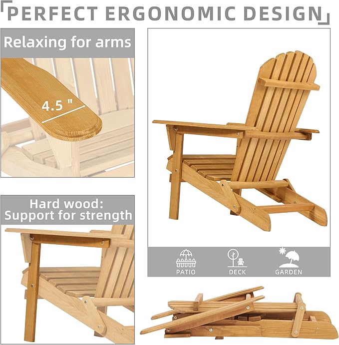Outdoor Wooden Folding Adirondack Chair with Retractable Ottoman, Wood Patio Chair with Footrest for Garden Backyard Porch Pool Deck Firepit